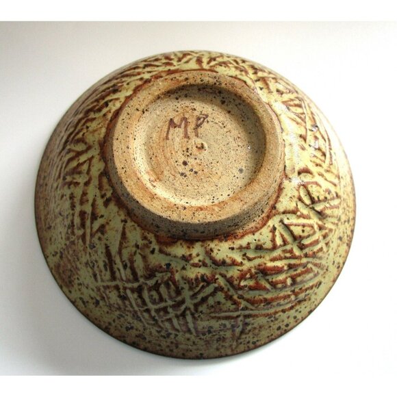 Vintage Signed MP Handmade Studio Art Pottery Bowl - Brown & Yellow Dish MCM - Picture 4 of 7